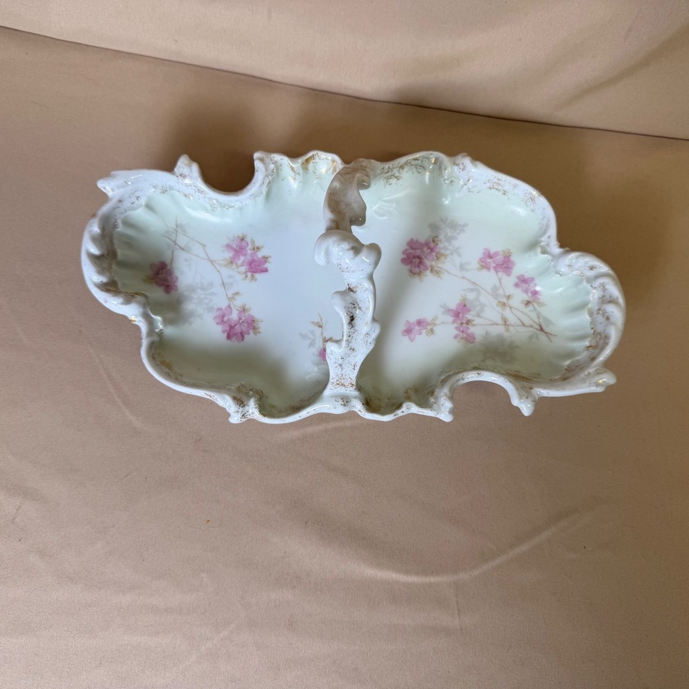 Antique Hand Painted Porcelain Divided Dish Pink Floral Gold Gilt Serving Bowl